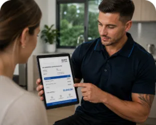 Plumber showing a Maraylya customer the quote on a tablet