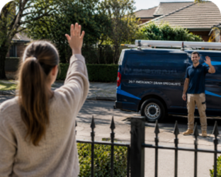 Customer waving goodbye to a Maraylya Blocked Drains plumber